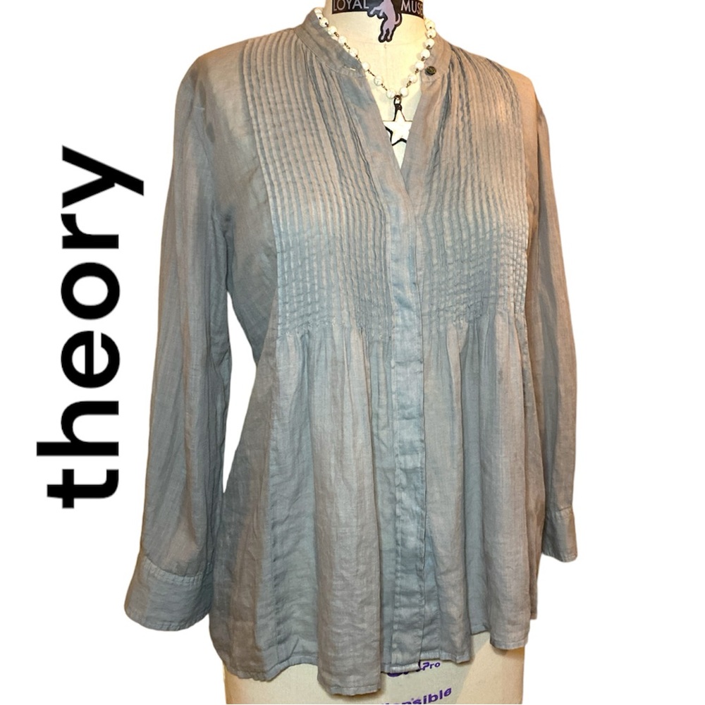 Theory Lisbury Common Pintuck Pleated Ramie Woven Button Up Blouse, Gray Medium